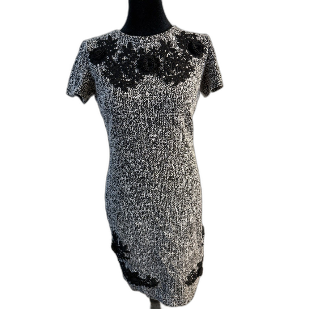 Karl Lagerfeld Paris Grey Tweed Mini Dress — 3D Rosette Appliqué
